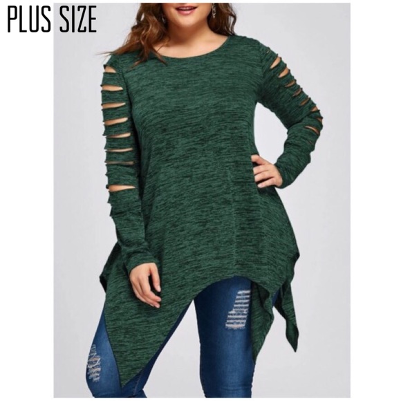 Tops - Plus Size Deep Green Ladder Sleeve Top